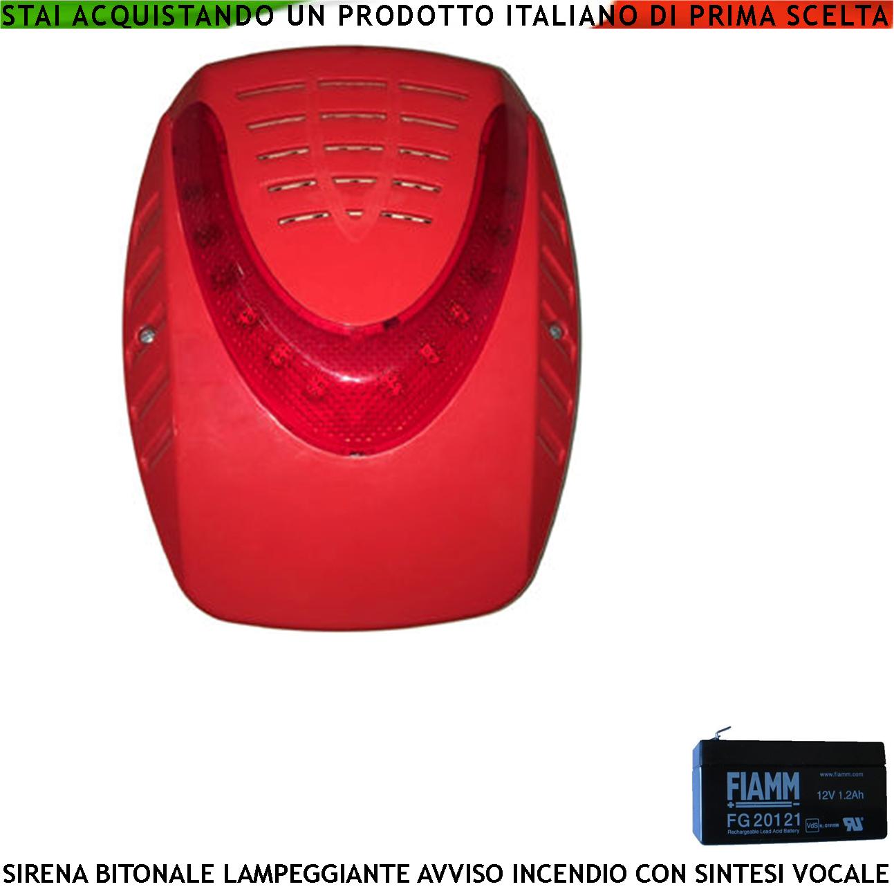 SIRENA ELETTRONICA LAMPEGGIANTE ROSSA ESTERNA SEGNALA ALLARME INCENDIO  BATTERIA 12 V 1,2 AH ALIMENTATA 24 VCC SOTTOCOPERCHIO ANTISCHIUMA