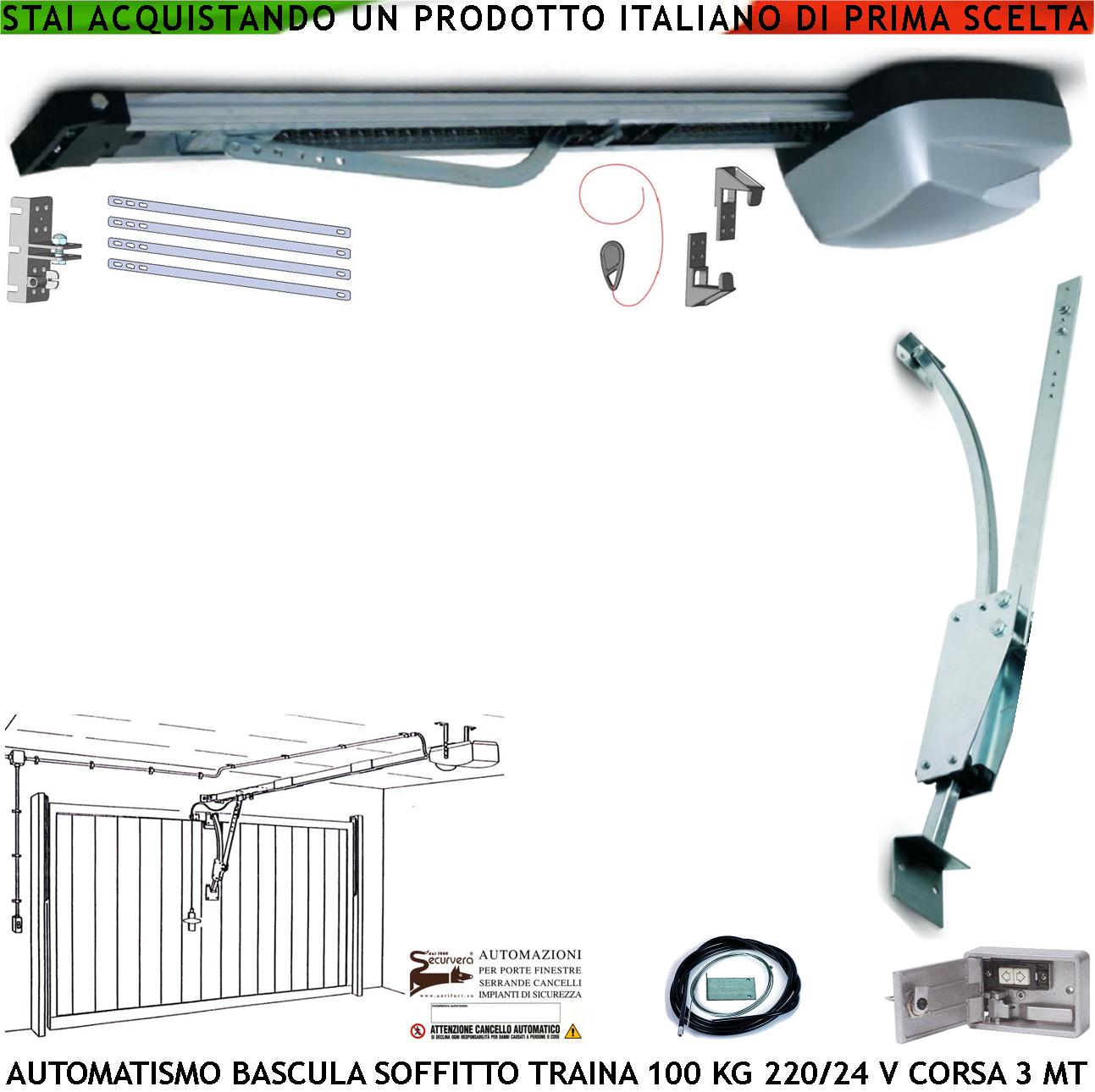 BASCULANTE AUTOMATISMO A SOFFITTO MOTORE AUTOREVERSE 220/24 V TRAINA 100 KG  ARCHETTO KIT BLINDINO SBLOCCO DI EMERGENZA