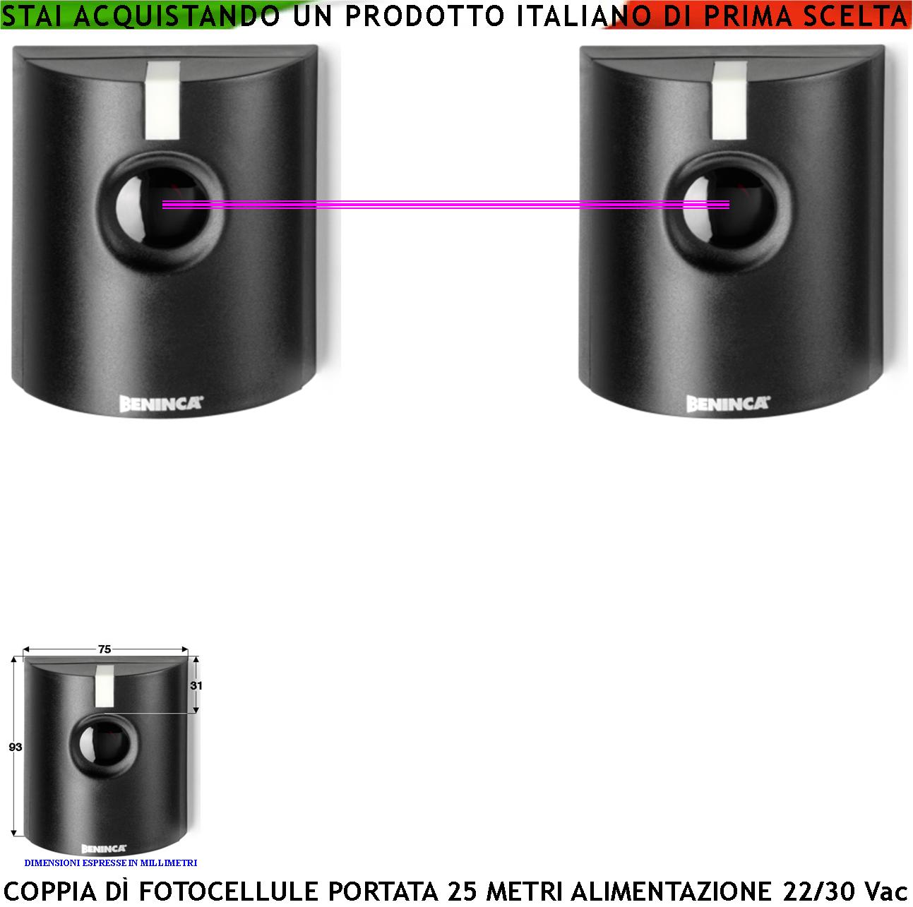 Fotocellula Benincà Una Coppia Sicurezza Cancello Elettrico Controllo  Passaggio Portata 25 Metri Lineari Montaggio a Parete o Palina  Alimentazione 24/30 Vac